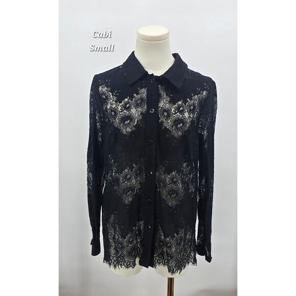 CAbi Tops - CAbi Style 3758 Black Sheer Lace Button-Front Blouse Floral Collared Top Size S